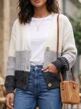 White and Gray Color Block Cardigan Sweater, size medium